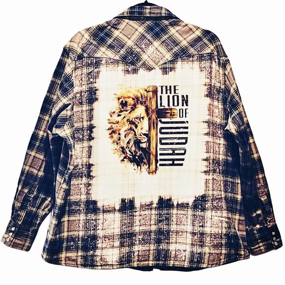 Lion of Judah Custom Christian Upcycled Plaid Flannel Long Sleeve Shirt, XL/XXL - Picture 1 of 7